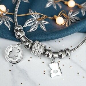 🆕️18K White Gold Plated Bear Charm Bracelet with‎ Rhinestones Beads Trendy Gift
